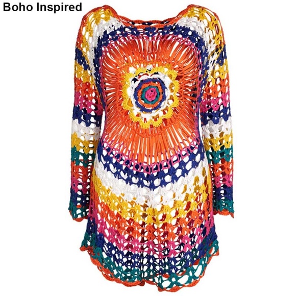 018 Boho Multicolor Orange Floral Crochet Swim Cover up - Picture 8 of 8